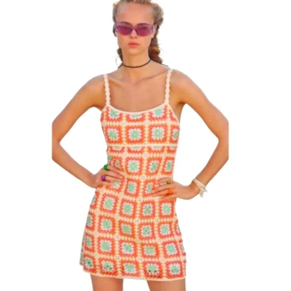 New Willow & Wind Crochet Granny Square Tank Dress Size Small Multi color